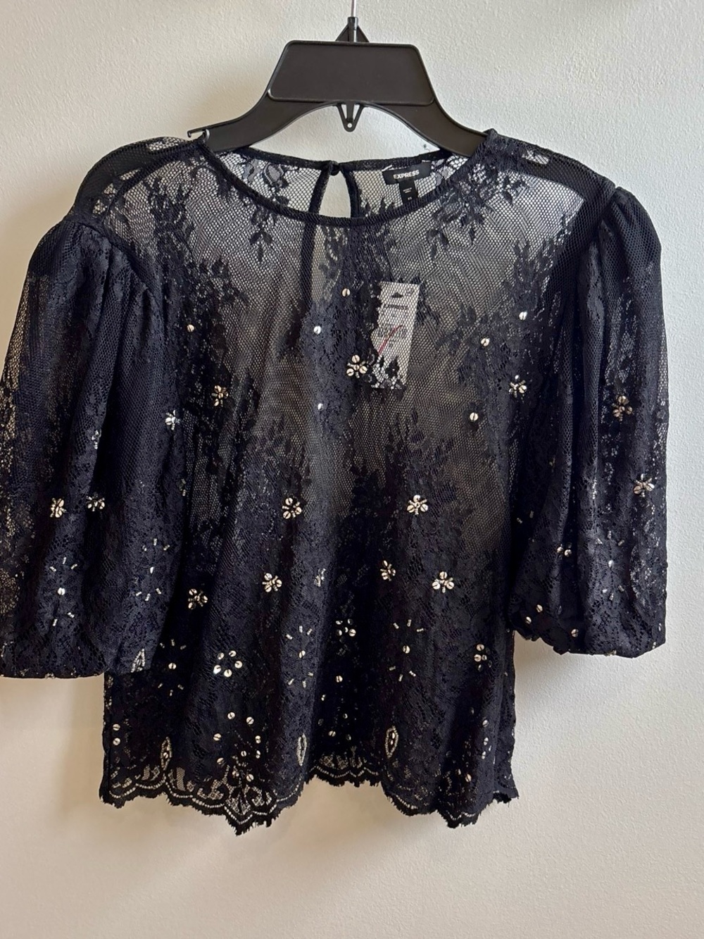 Express Black Lace Sequin Puff-Sleeve Blouse NEW